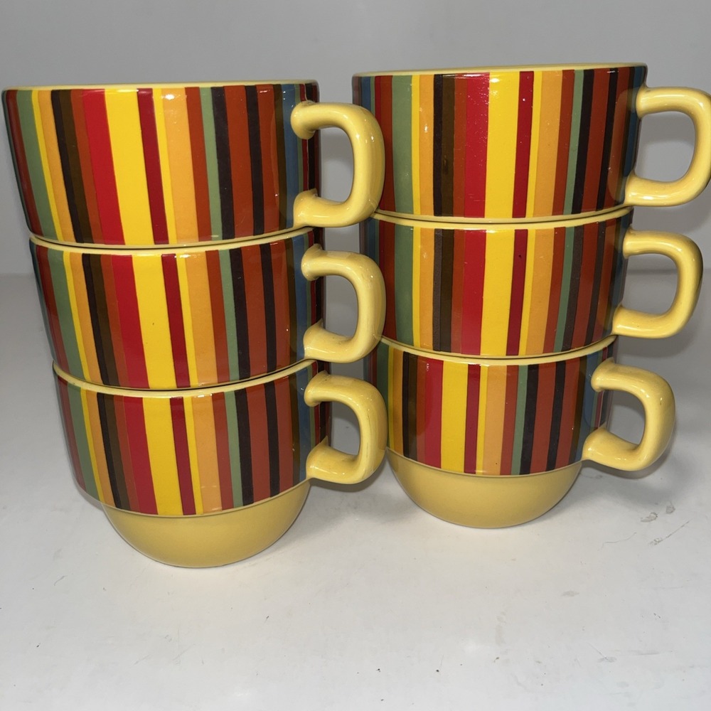 World Market 6 Yellow Stripes Stacking Coffee Mugs/Cups